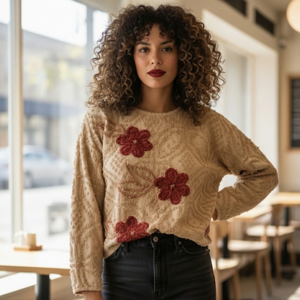 Vtg 90s tan burnt orange floral oversized shag carpet cottagecore sweater L/XL